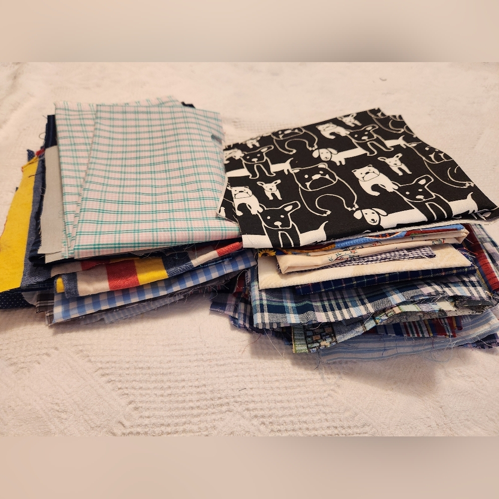 Cotton fabric scraps, assorted sizes and prints.